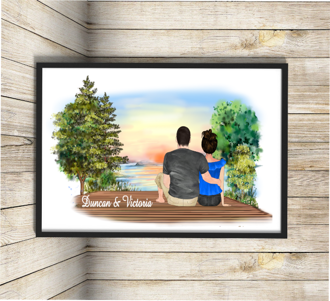 Romantic Lakeside Sunset Couple Personalised A4 Print